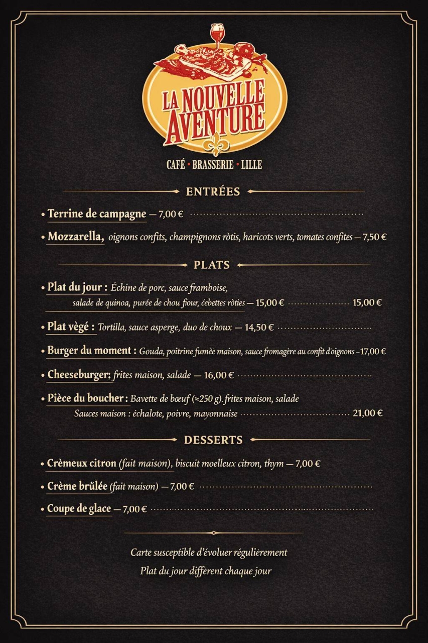 Carte restauration - La Nouvelle Aventure - restaurant LILLE - meilleur resto LILLE